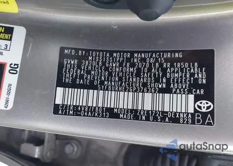 2016 Toyota Corolla Le Plus from USA, damaged, VIN 5YFBURHE2GP376362